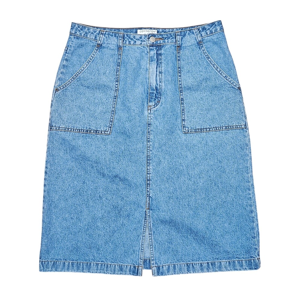 Vtg Covington Denim Pencil Skirt Sz 12‎ Blue Midi Front Slit Y2K Pockets Cotton